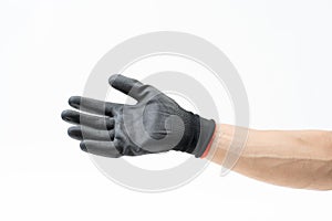 Man hand with black anti slip gloves on white background