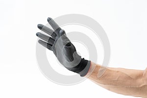 Man hand with black anti slip gloves on white background