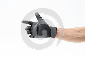 Man hand with black anti slip gloves on white background