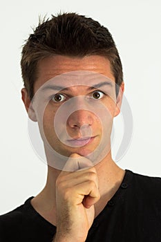 Man with hand on chin looking suprised