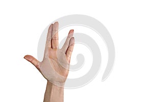 A man hand doing the Vulcan salute on a white background. Vulcan hand salute against. Spock hand. Alpha