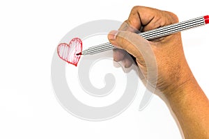 Man hand is drawing heart sign with red marker pen