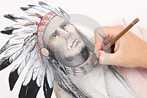 Man hand drawing picture with chieftain