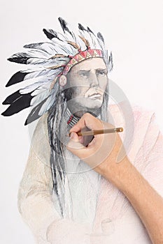 Man hand drawingpicture with american indian