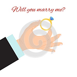 Man hand with engagement ring vector illustration. Proposal or wedding concept. Marriage anniversary husband gift