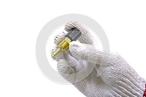 Man hand with engine coolant temperature sensor, water temp sensor, Isolated