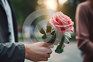 man hand give rose to woman