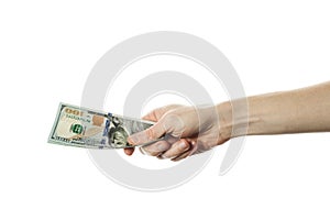 Man hand giving 100 dollar bills isolated on white background. Modern American US dollar note