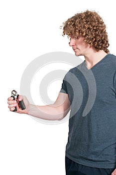 Man with hand grip exerciser