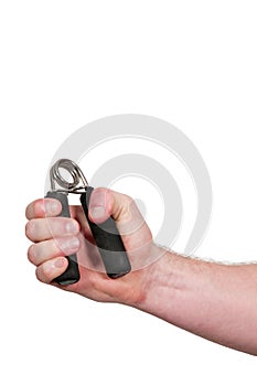 Man with hand grip exerciser