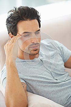 Man, hand and headache in morning home for hungover mistake, fatigue fail or migraine problem. Male person, vertigo or