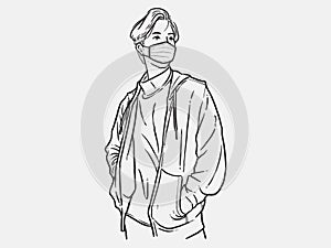 A man with a hand in his pocket. Wear a mask. New normal. Human character on white background. Hand drawn style vector design illu