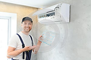 man hand hold air conditioner filter cleaning concept