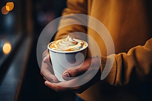 Man hand hold cup hot coffee beans cozy cafe evening relaxation calm tasty drink cocoa latte cappuccino americano photo