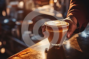 Man hand hold cup hot coffee beans cozy cafe evening relaxation calm tasty drink cocoa latte cappuccino americano photo