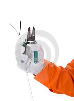 Man hand hold cutter ready to cut electrical wire or cable. Isolated white background