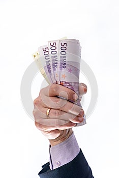 Man hand hold or given money isolated on white background. Euro currency with 500 and 200  euro bank notes