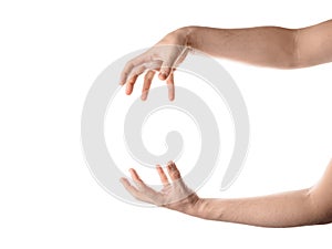 Man hand hold, grab or catch some object, hand gesture. Isolated on white background