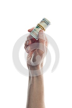 Man hand holding 100 Dollar bills isolated on white. Roll of US Dollars bank note