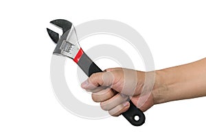 Man hand holding adjustable wrench