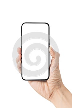 Man hand holding the black smartphone with blank screen isolated on white background with clipping path.
