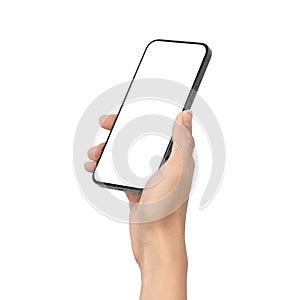 Man hand holding the black smartphone with blank screen isolated on white background with clipping path