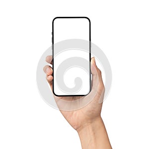 Man hand holding the black smartphone with blank screen isolated on white background with clipping path