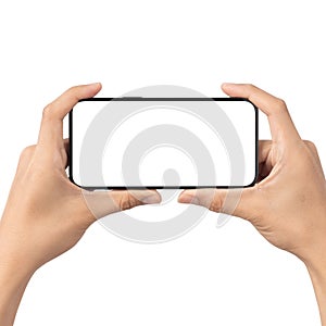 Man hand holding the black smartphone with blank screen isolated on white background with clipping path