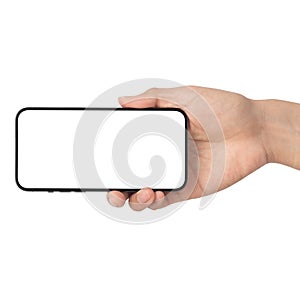 Man hand holding the black smartphone with blank screen isolated on white background with clipping path