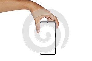 Man hand holding the black smartphone with blank screen isolated on white background with clipping path.