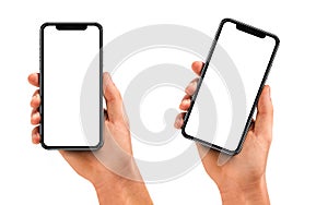 Man hand holding the black smartphone with blank screen photo