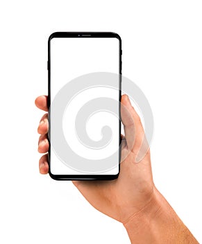 Man hand holding the black smartphone with blank screen