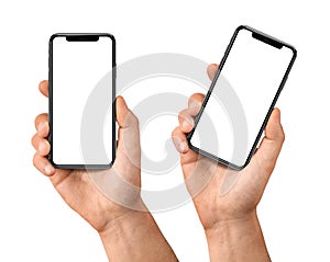Man hand holding the black smartphone frameless with big blank screen and modern frame less design