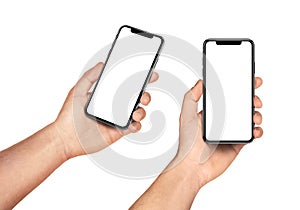 Man hand holding the black smartphone frameless with big blank screen and modern frame less design