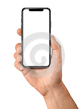 Man hand holding the black smartphone frameless with big blank screen and modern frame less design