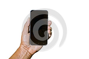 Man hand holding the black smartphone on white background