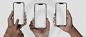 Man hand holding black smartphone  on white background, Hand holding smart phone Mockup and screen Transparent