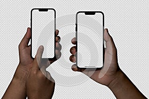 Man hand holding black smartphone  on white background, Hand holding smart phone Mockup and screen Transparent