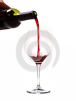 Man Hand holding Bottle filling Glass with Red Wine