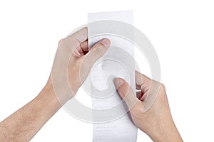 Man hand holding checking a bill receipt grocery shopping list of supermarket isolated on white background