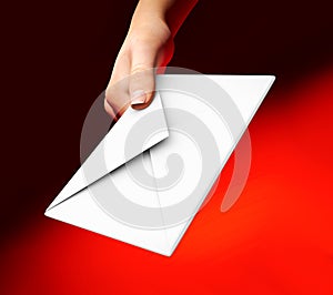 Man hand holding envelope on red background 3d render