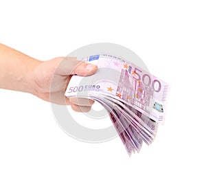 Man hand holding five hundred euro bills.