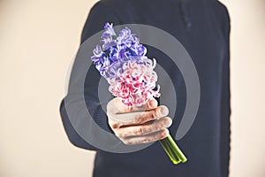Man hand holding flowers. Bouquet of flowers for congratulations