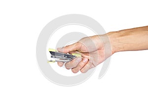 Man hand holding green metal stapler ready to stapling isolated on white background
