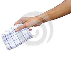Man hand holding handkerchief or Table wipes isolated on white. photo