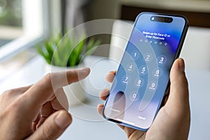 Man hand holding iPhone 15 Pro Max scanning Face ID