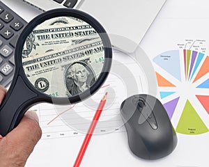 Man hand holding magnifying glass to see US dollar banknotes on spreadsheet and charts graphs paper.