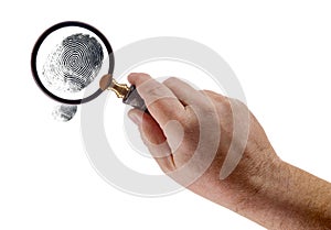 Man Hand Holding Magnifying Glass Viewing A Fingerprint on a White Background