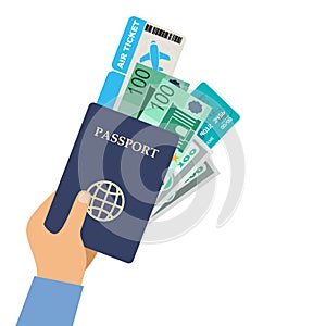 Man hand holding passport, air ticket and money