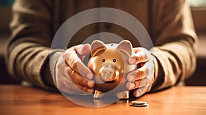 Man hand holding piggy bank, saving money wealth and financial concept. Business, finance and investment planning